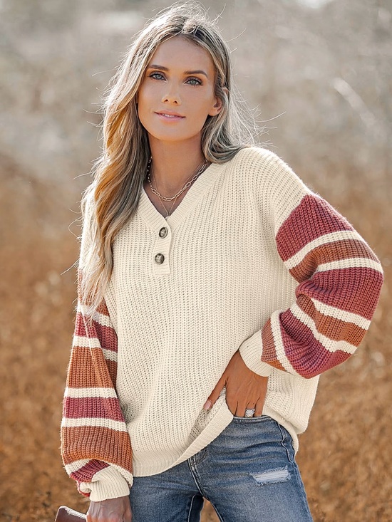 Cupshe Sweaters - Cupshe V-Neck Buttoned Striped Sweater Color Block Knit Sweater in Cream & Red